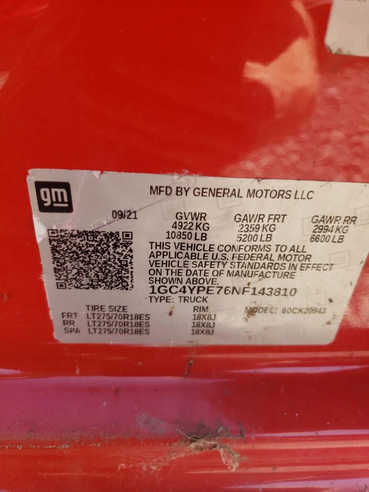 2022 CHEVROLET SILVERADO K2500 HEAVY DUTY LTZ VIN:1GC4YPE76NF143810