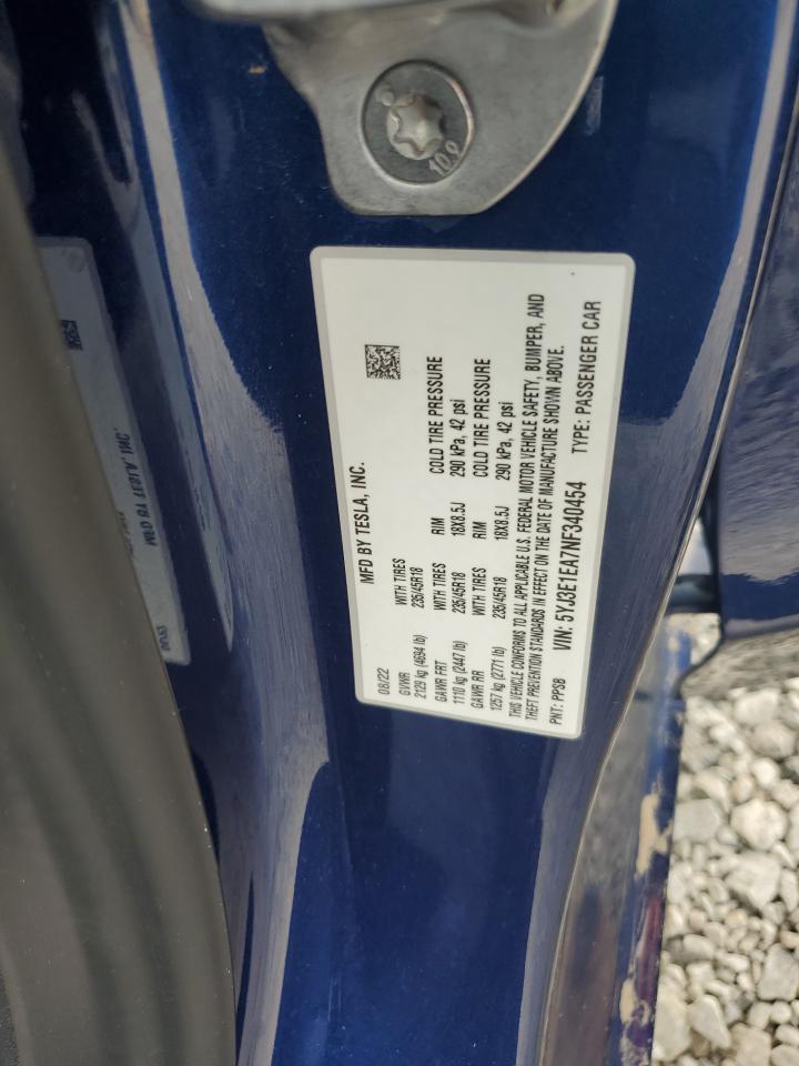 2022 TESLA MODEL 3  VIN:5YJ3E1EA7NF340454