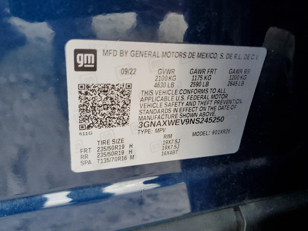 2022 CHEVROLET EQUINOX RS VIN:3GNAXWEV9NS245250