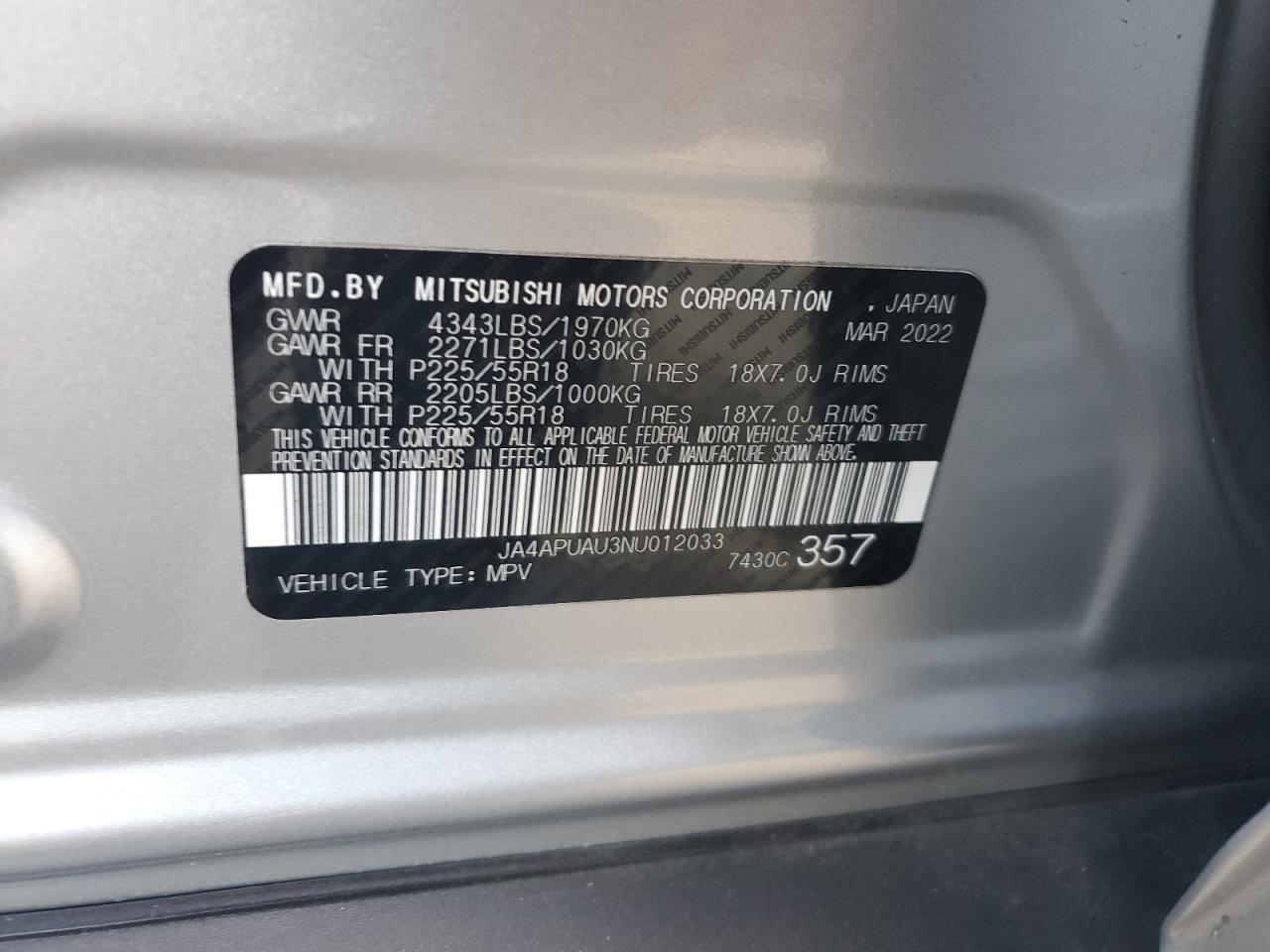 2022 MITSUBISHI OUTLANDER SPORT ES VIN:JA4APUAU3NU012033