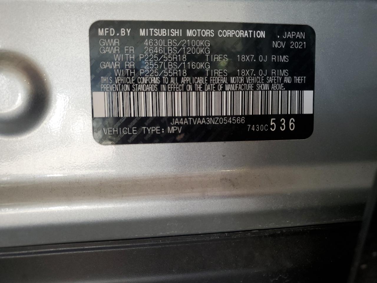 2022 MITSUBISHI ECLIPSE CROSS LE VIN:JA4ATVAA3NZ054566