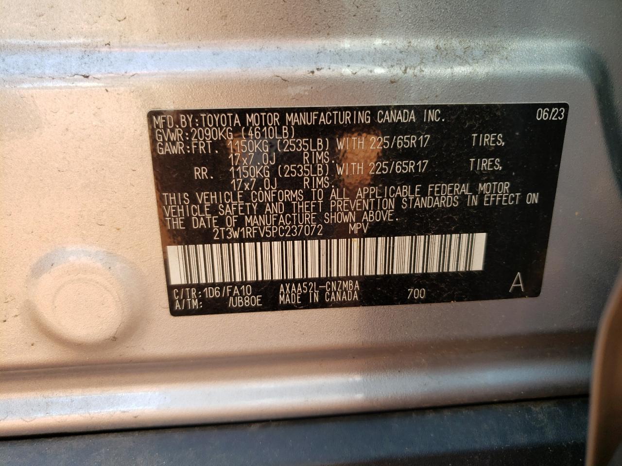 2023 TOYOTA RAV4 XLE VIN:2T3W1RFV5PC237072