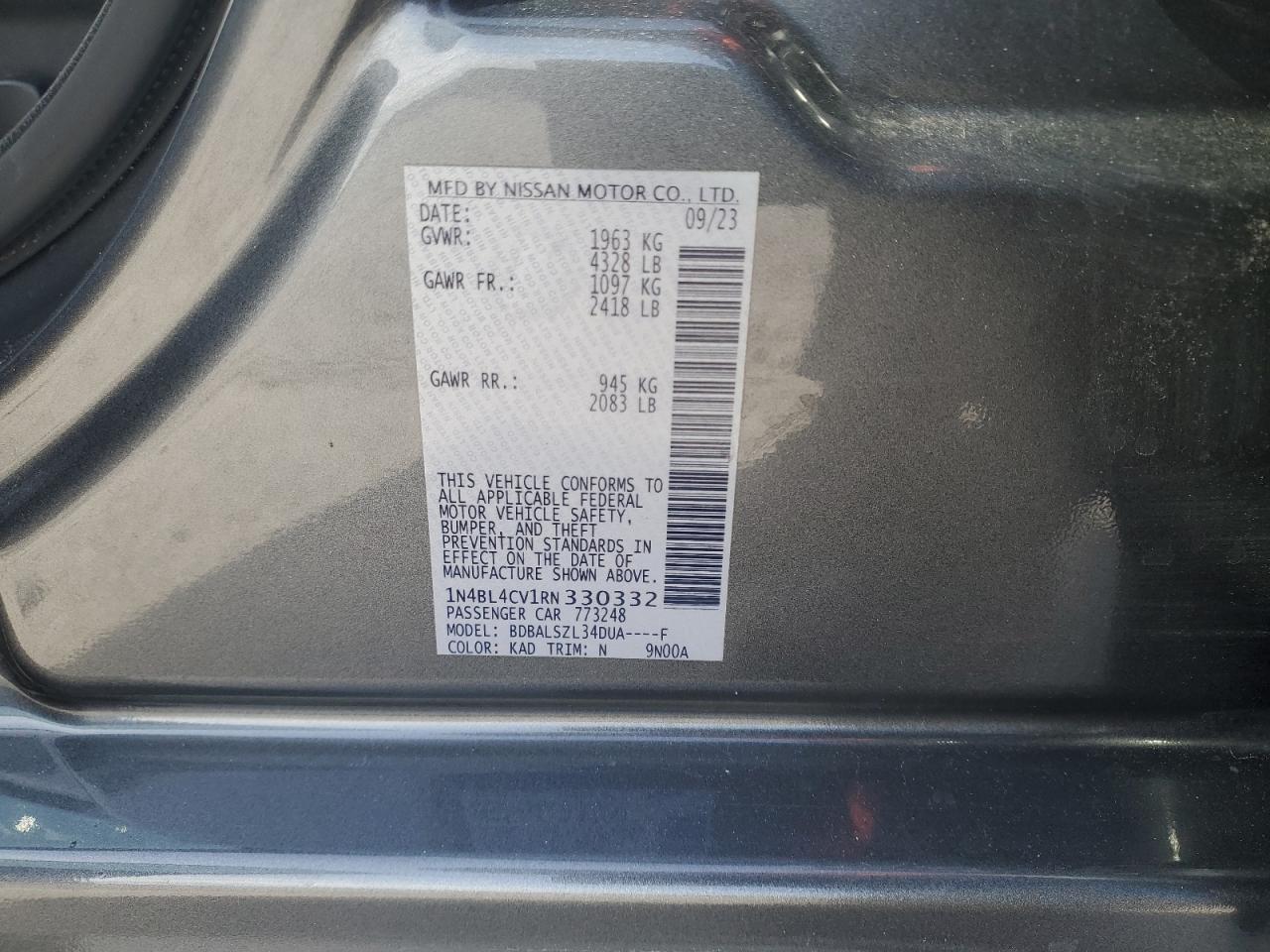 2024 NISSAN ALTIMA SR VIN:1N4BL4CV1RN330332