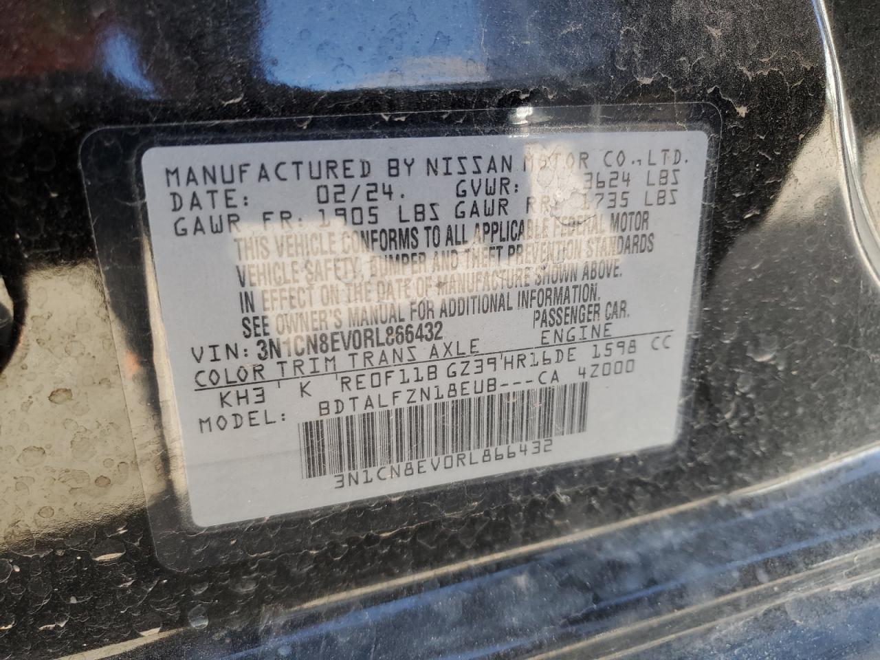 2024 NISSAN VERSA SV VIN:3N1CN8EV0RL866432