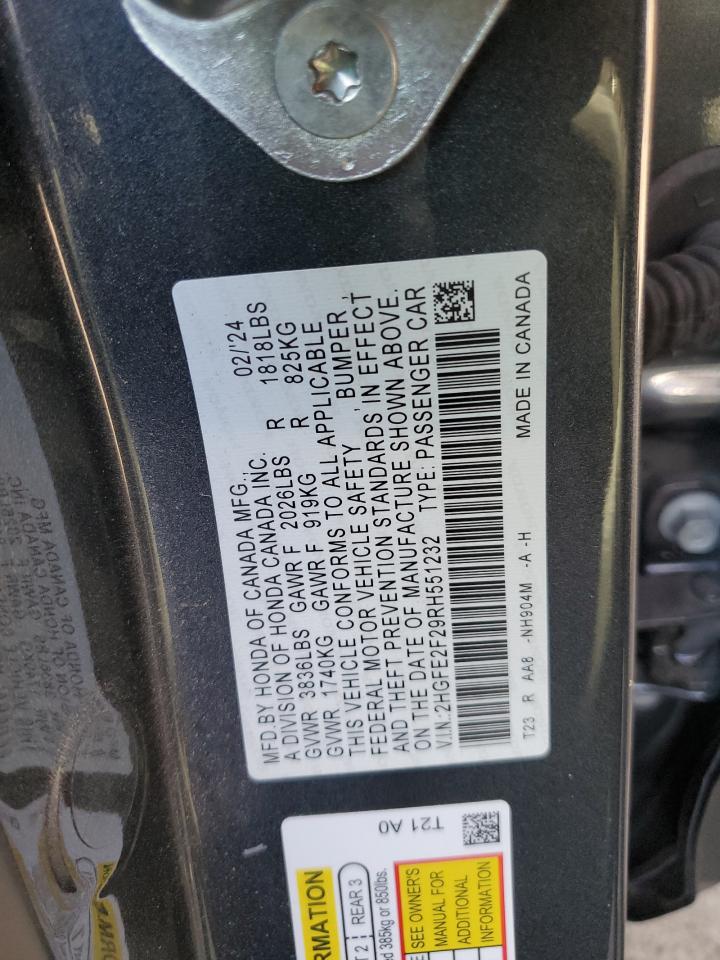 2024 HONDA CIVIC LX VIN:2HGFE2F29RH551232