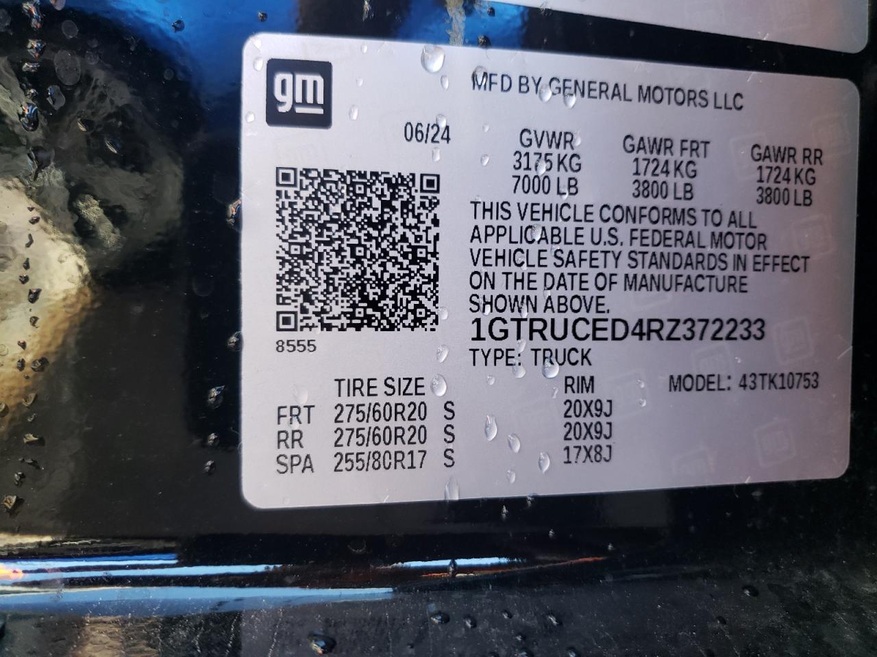 2024 GMC SIERRA K1500 ELEVATION VIN:1GTRUCED4RZ372233