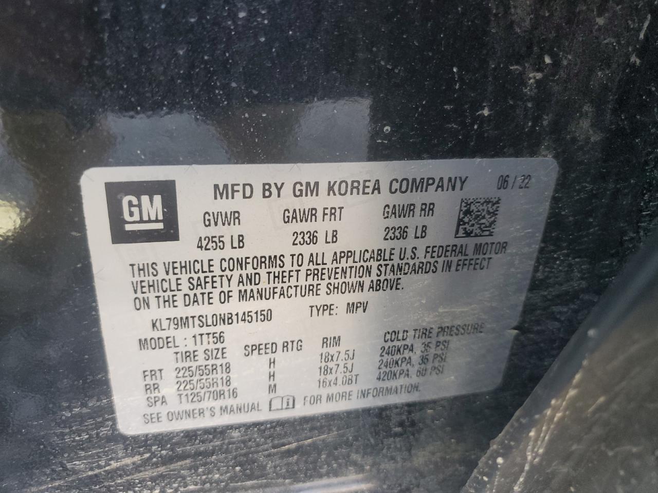 2022 CHEVROLET TRAILBLAZER RS VIN:KL79MTSL0NB145150