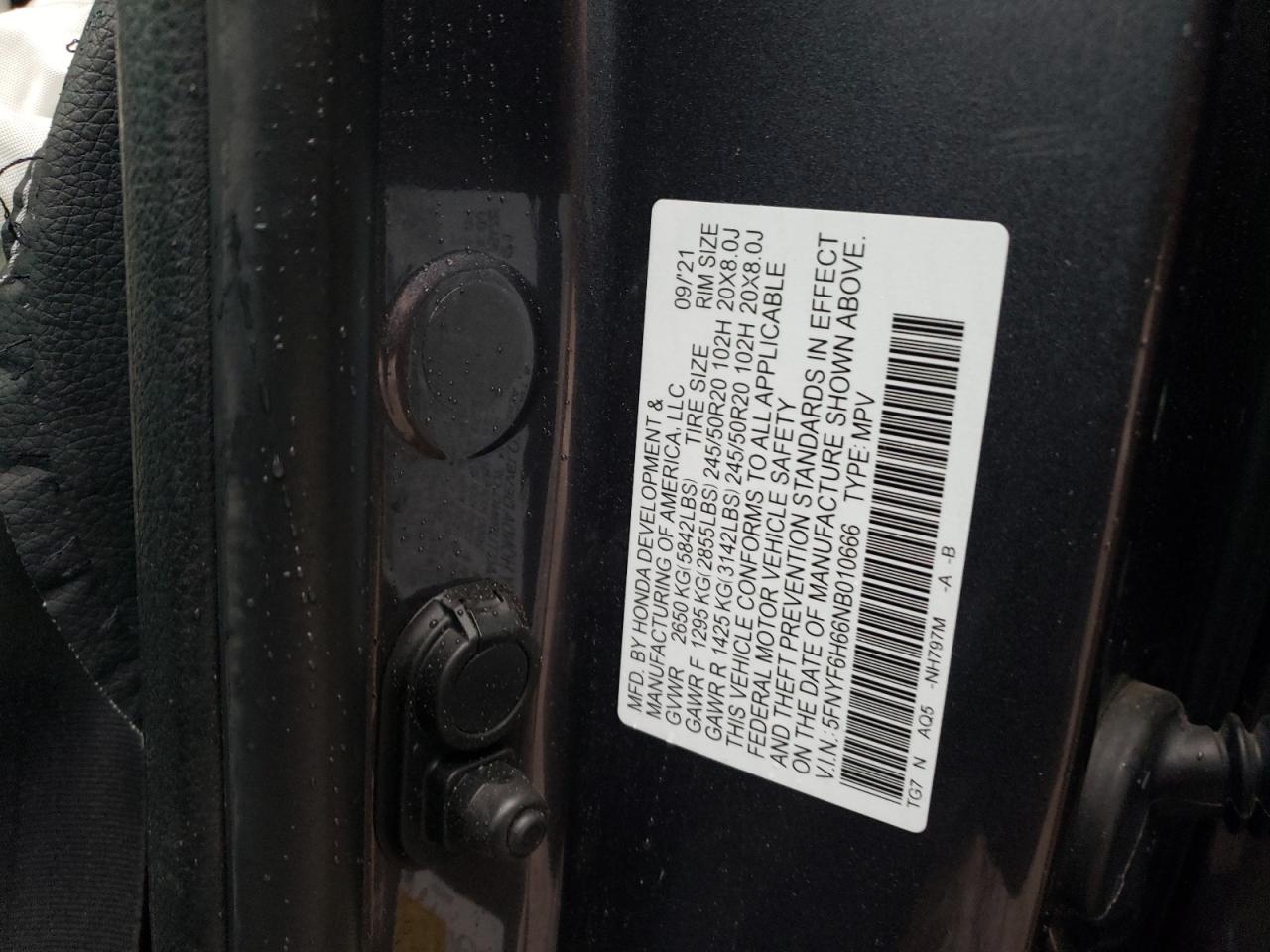 2022 HONDA PILOT TOURING VIN:5FNYF6H66NB010666