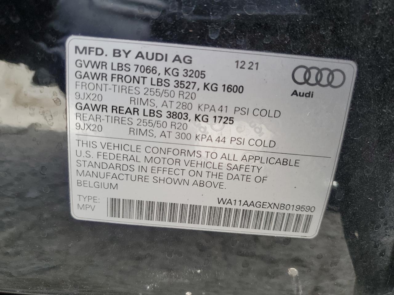 2022 AUDI E-TRON SPORTBACK PREMIUM VIN:WA11AAGEXNB019590