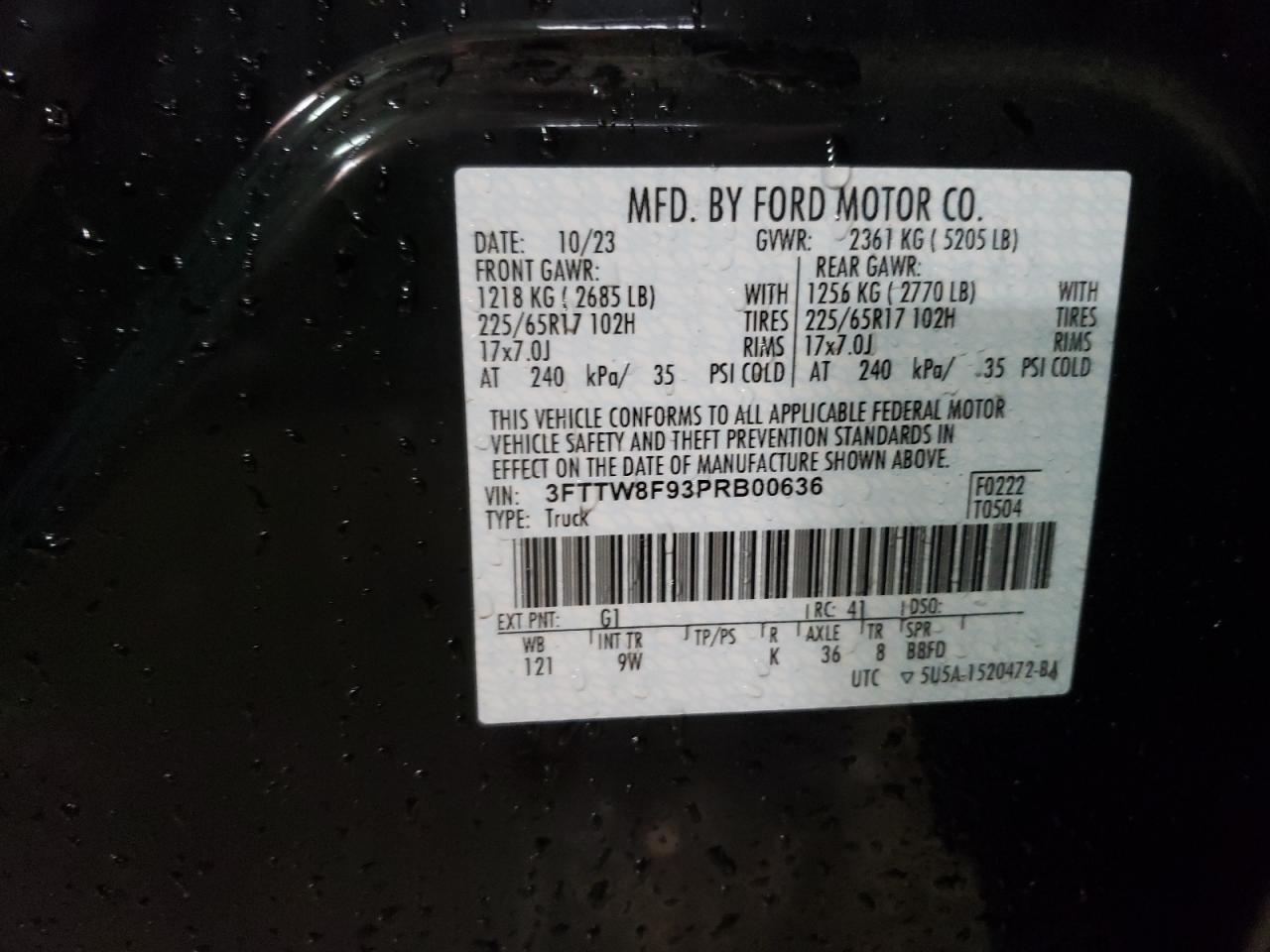 2023 FORD MAVERICK XL VIN:3FTTW8F93PRB00636