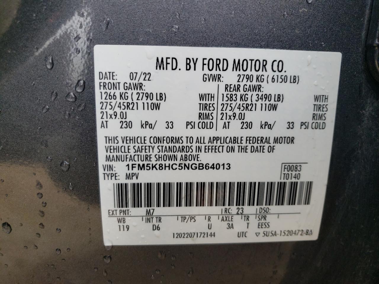 2022 FORD EXPLORER PLATINUM VIN:1FM5K8HC5NGB64013