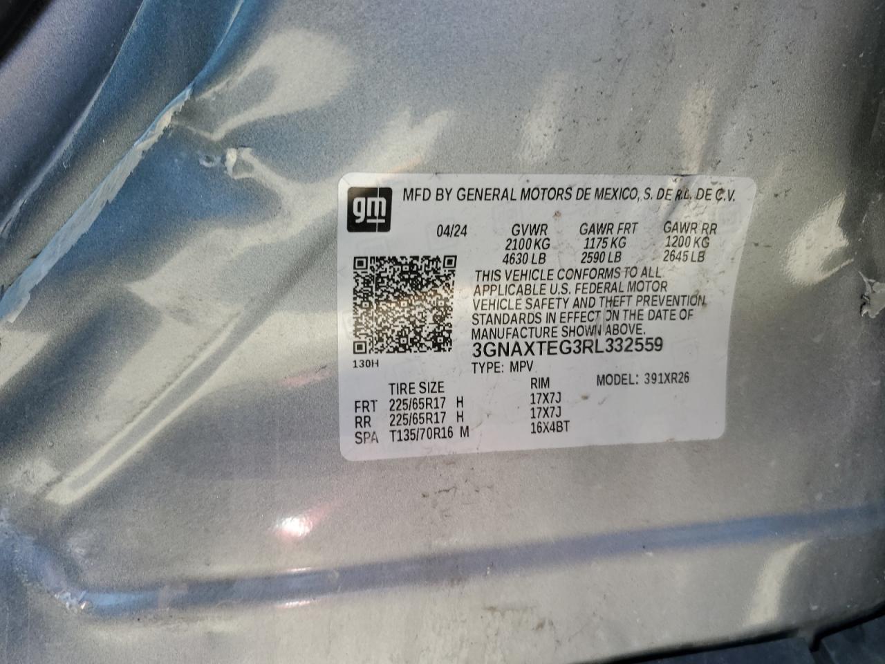 2024 CHEVROLET EQUINOX LT VIN:3GNAXTEG3RL332559