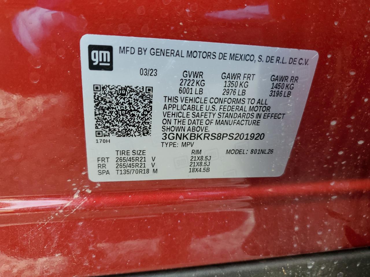 2023 CHEVROLET BLAZER RS VIN:3GNKBKRS8PS201920