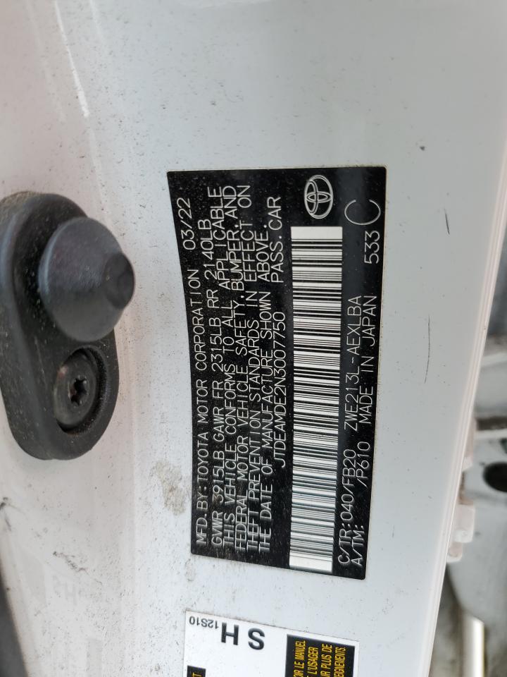 2022 TOYOTA COROLLA LE VIN:JTDEAMDE2N3007750