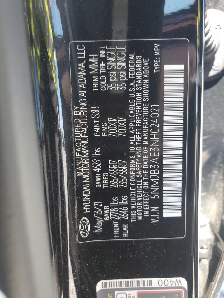 2022 HYUNDAI TUCSON SEL VIN:5NMJB3AE3NH024021