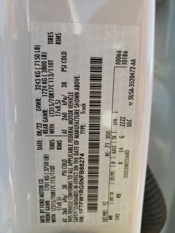 2022 FORD F150 RAPTOR VIN:1FTFW1RG5NFB88274