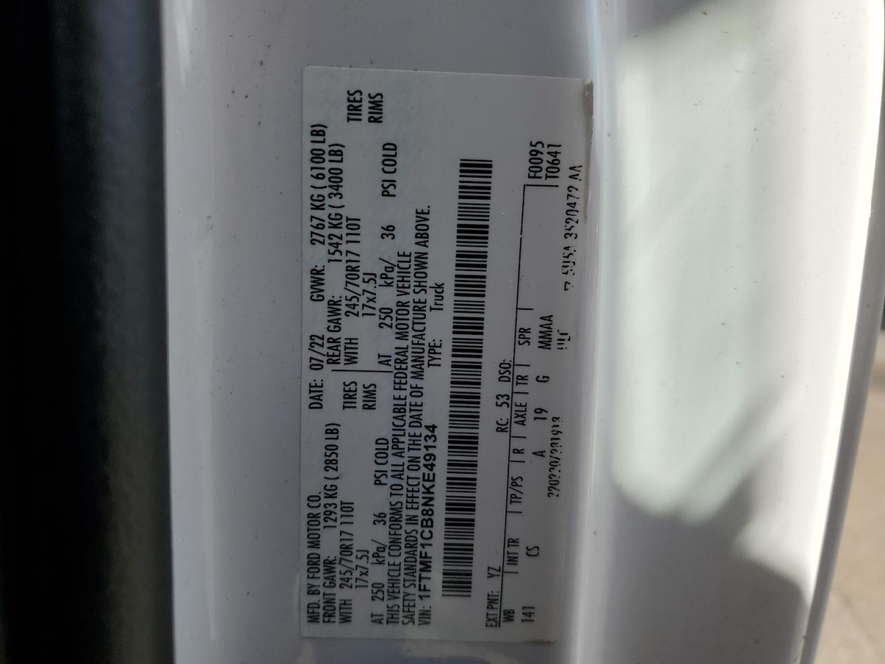 2022 FORD F150  VIN:1FTMF1CB8NKE49134