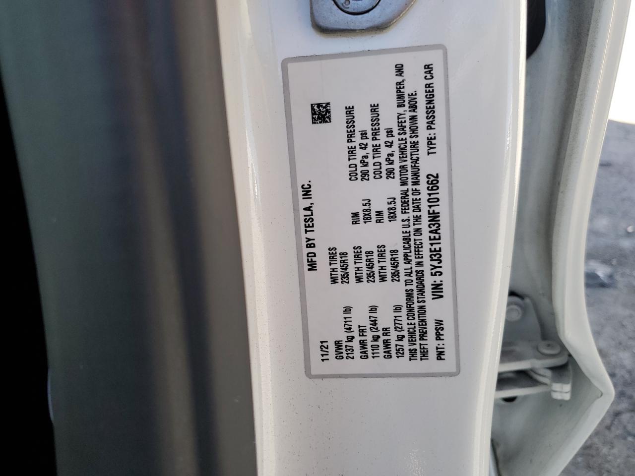 2022 TESLA MODEL 3  VIN:5YJ3E1EA3NF101662