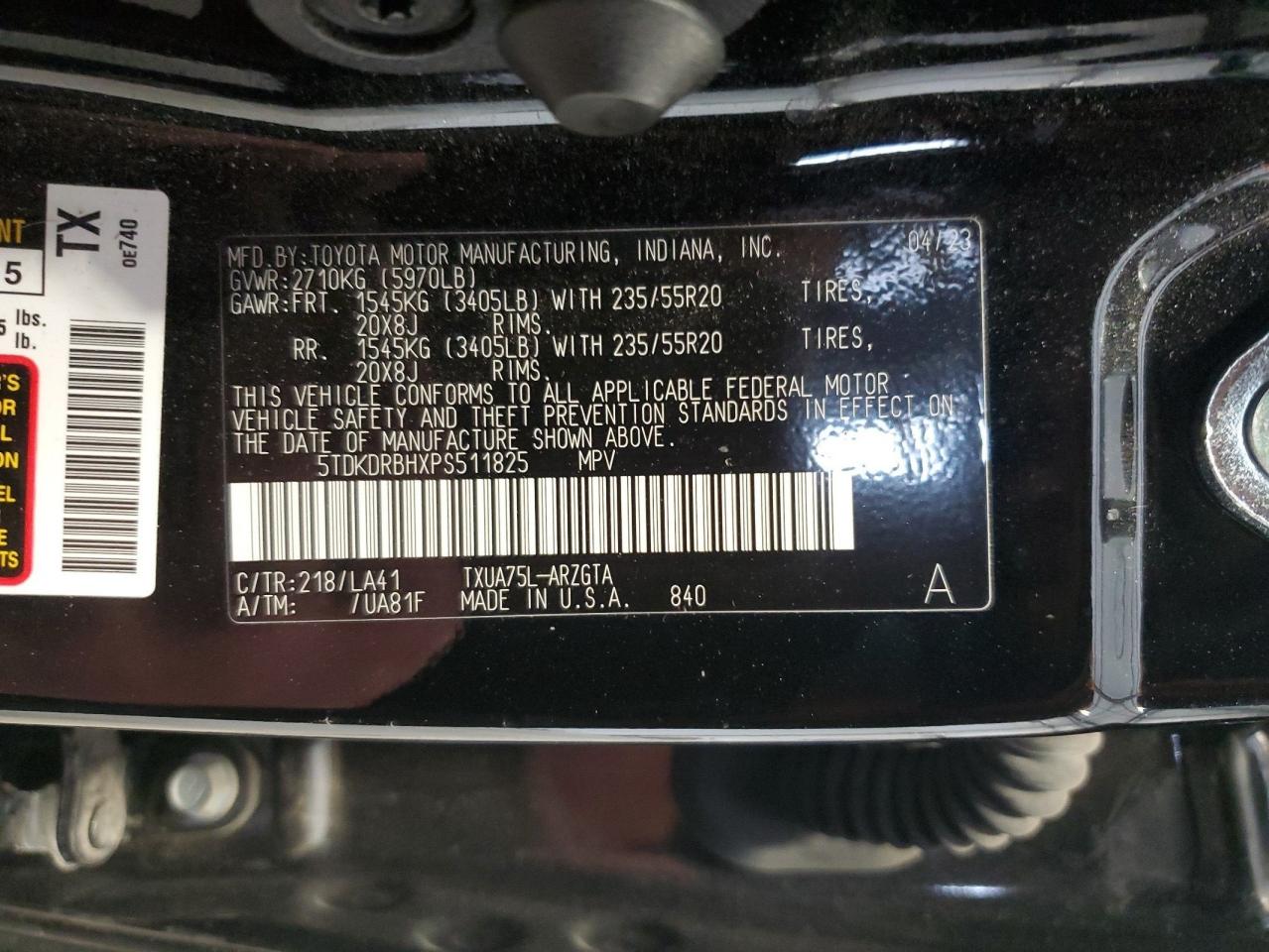 2023 TOYOTA HIGHLANDER L VIN:5TDKDRBHXPS511825