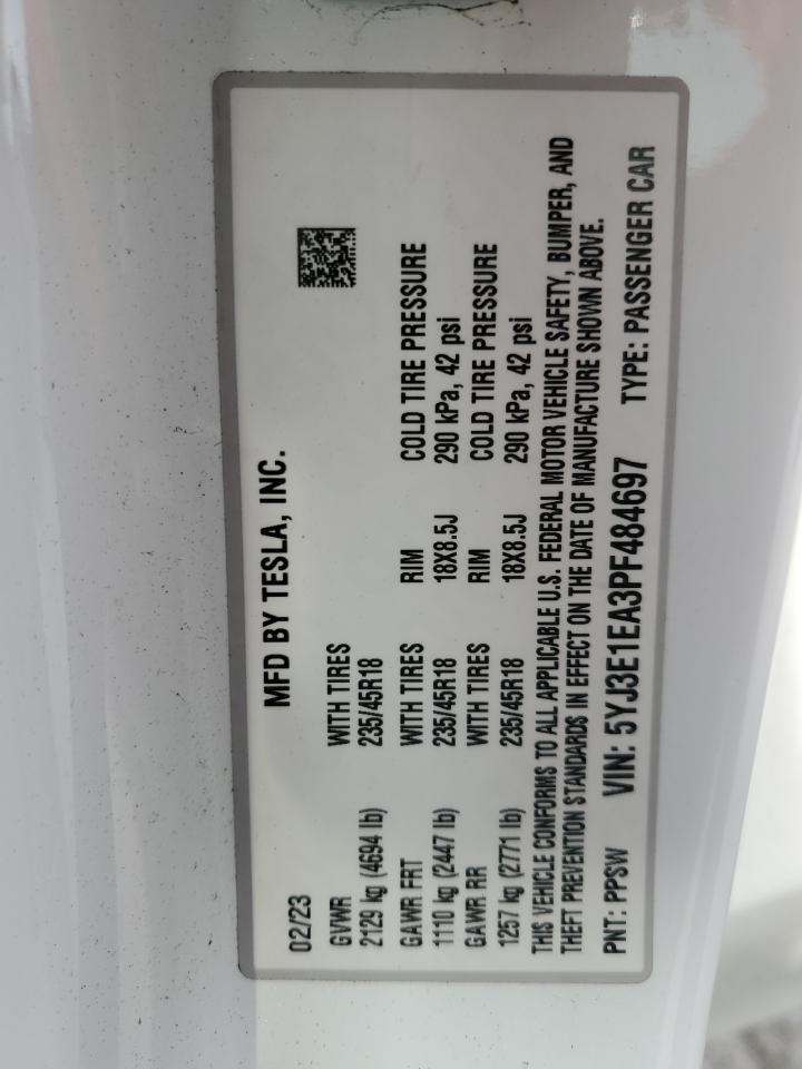 2023 TESLA MODEL 3 VIN:5YJ3E1EA3PF484697