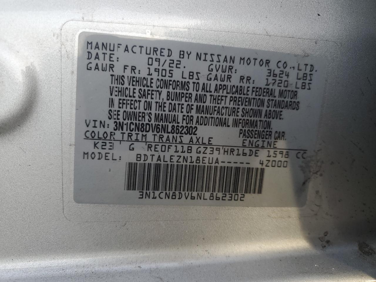 2022 NISSAN VERSA S VIN:3N1CN8DV6NL862302