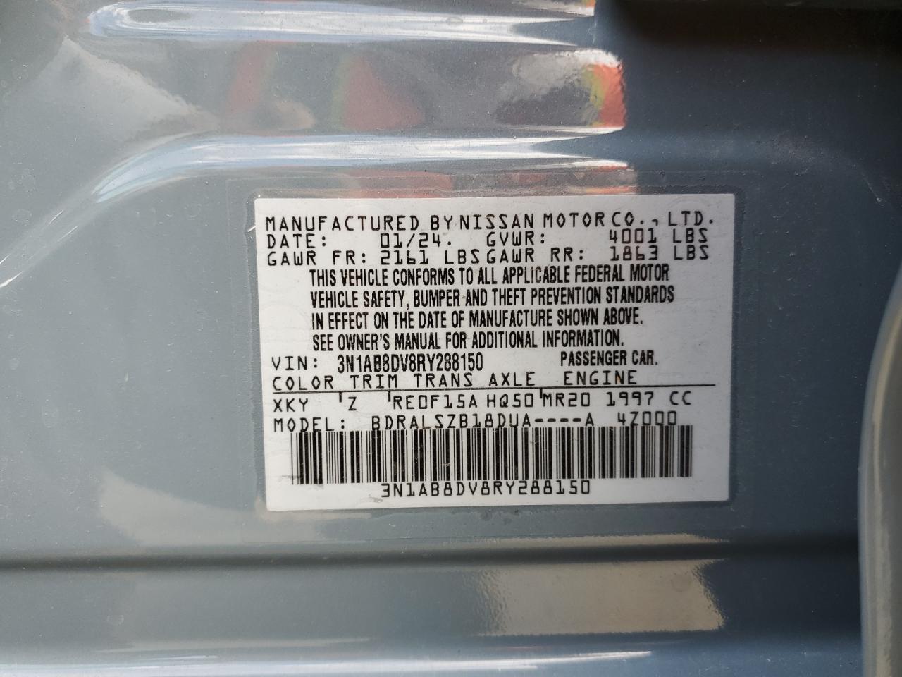 2024 NISSAN SENTRA SR VIN:3N1AB8DV8RY288150