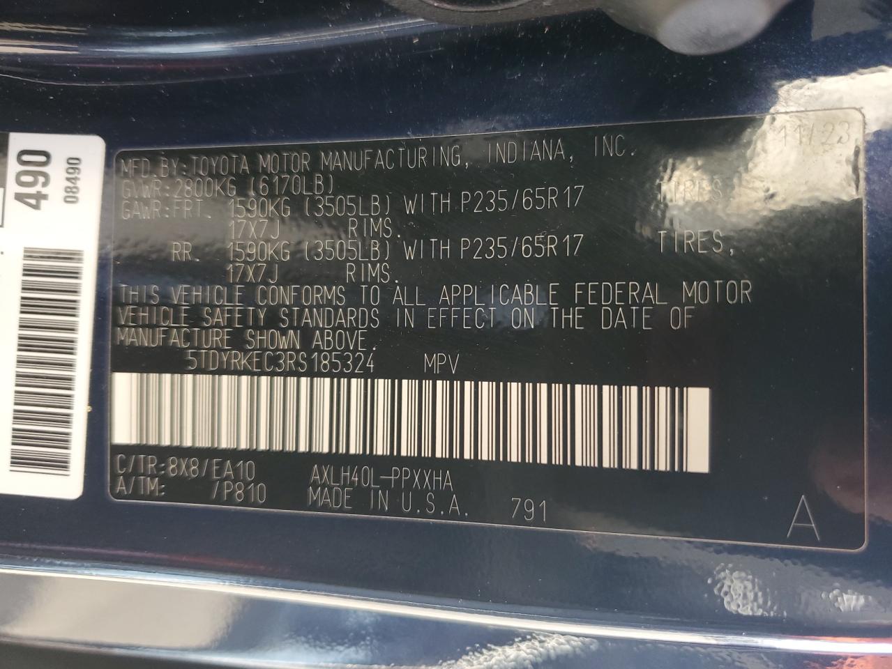 2024 TOYOTA SIENNA XLE VIN:5TDYRKEC3RS185324