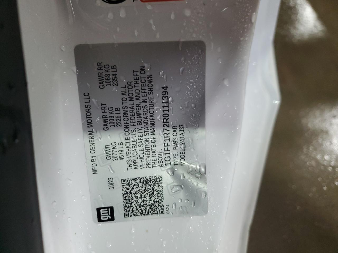 2024 CHEVROLET CAMARO LT1 VIN:1G1FF1R72R0111394