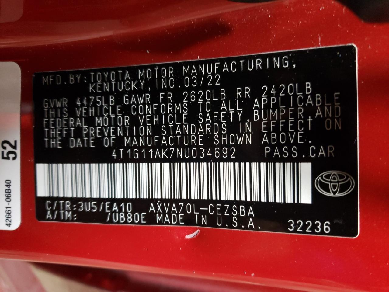 2022 TOYOTA CAMRY SE VIN:4T1G11AK7NU034692