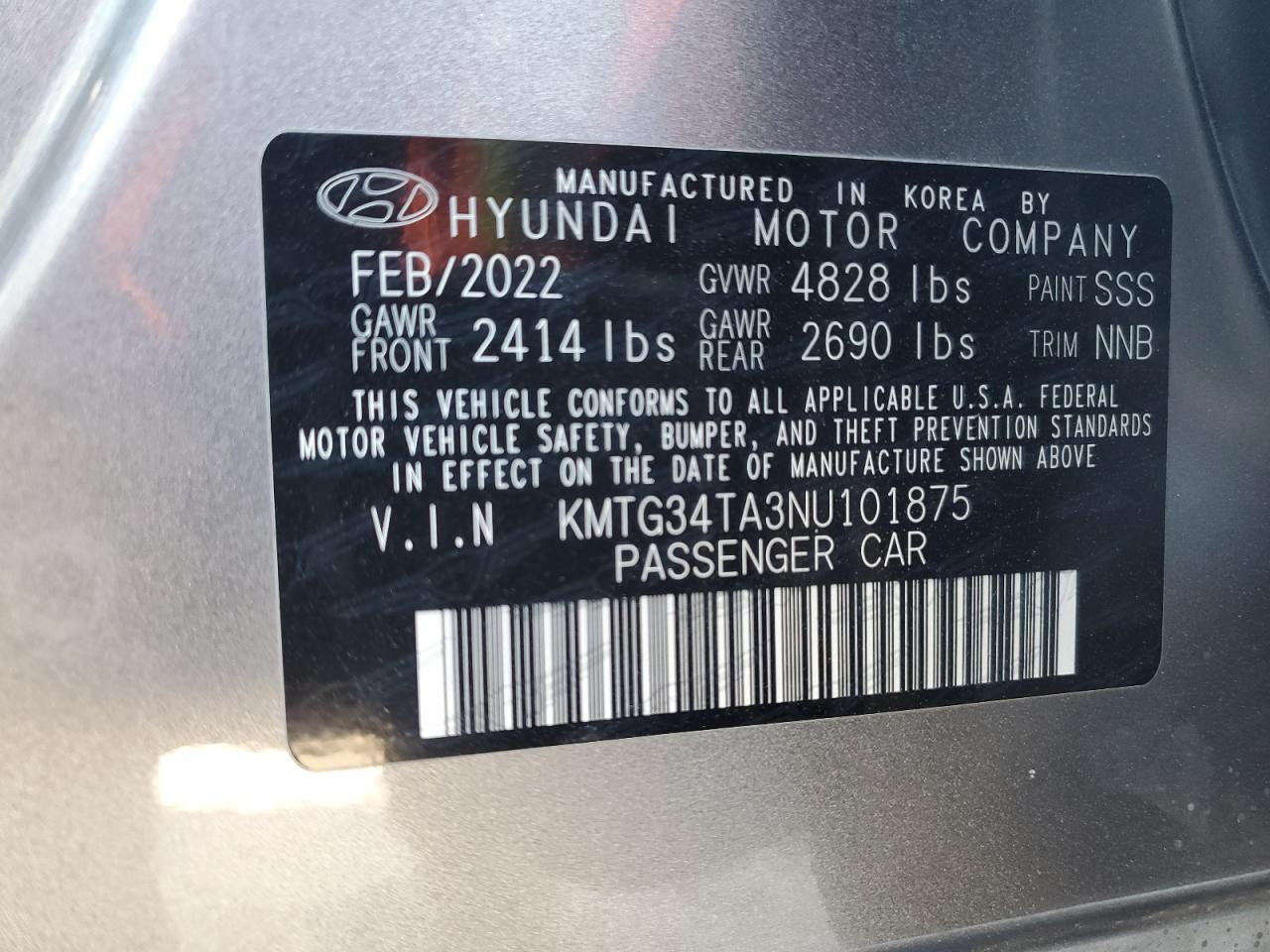 2022 GENESIS G70 BASE VIN:KMTG34TA3NU101875