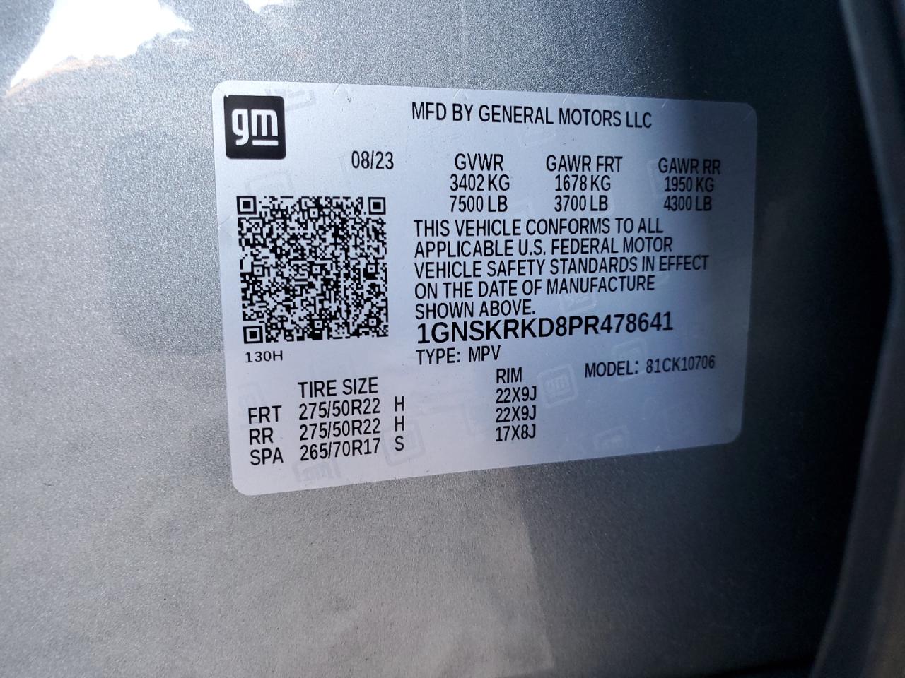 2023 CHEVROLET TAHOE K1500 RST VIN:1GNSKRKD8PR478641