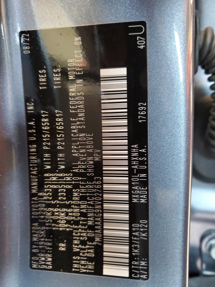 2022 TOYOTA COROLLA CROSS L VIN:7MUAAAAG9NV027663