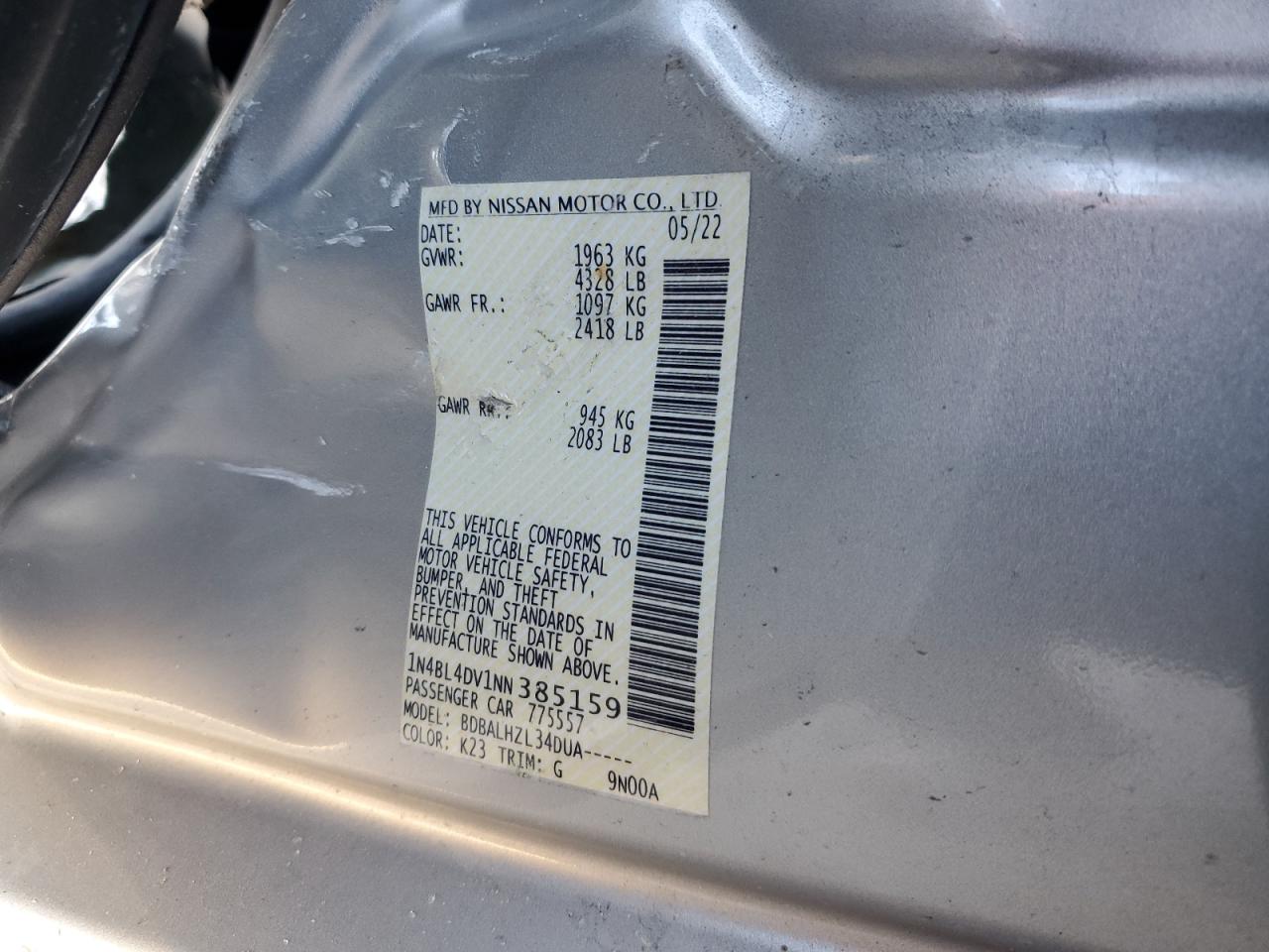 2022 NISSAN ALTIMA SV VIN:1N4BL4DV1NN385159