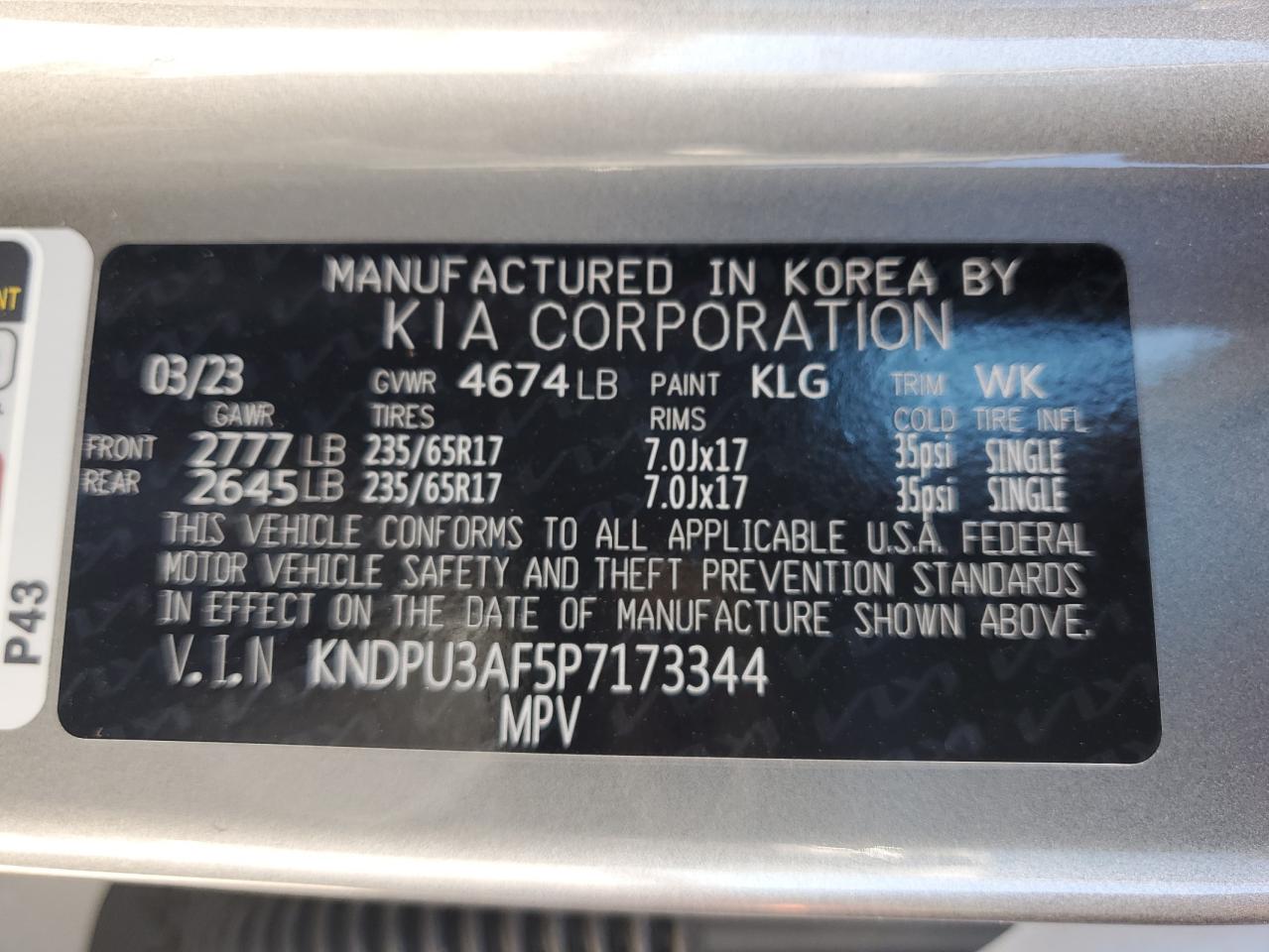 2023 KIA SPORTAGE LX VIN:KNDPU3AF5P7173344