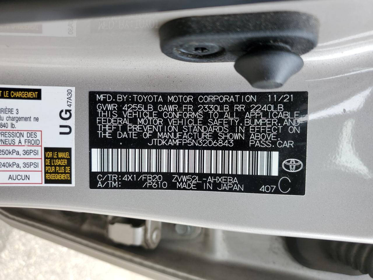 2022 TOYOTA PRIUS PRIME LE VIN:JTDKAMFP5N3206843