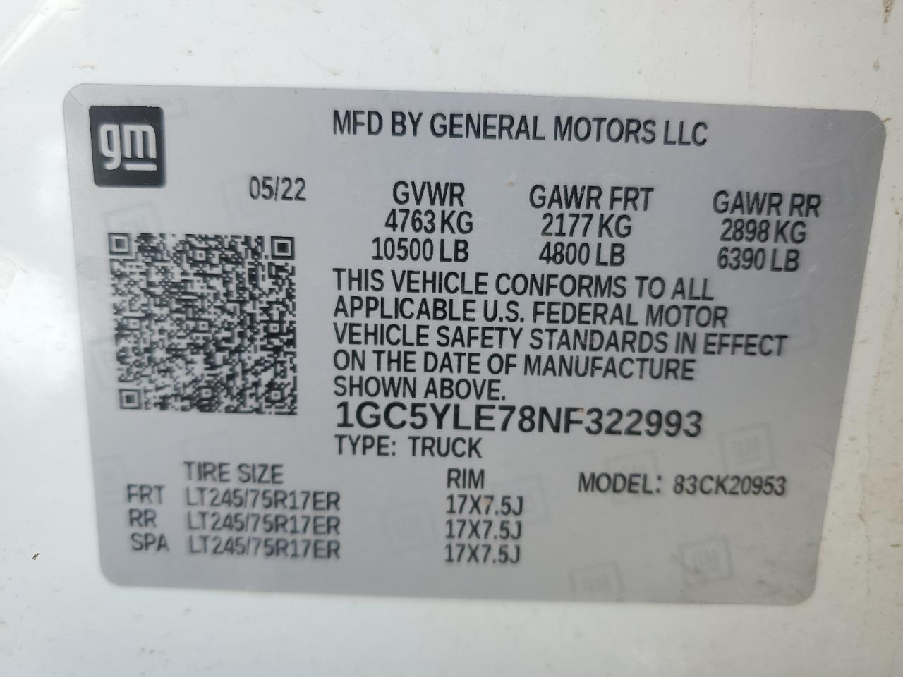 2022 CHEVROLET SILVERADO K2500 HEAVY DUTY VIN:1GC5YLE78NF322993