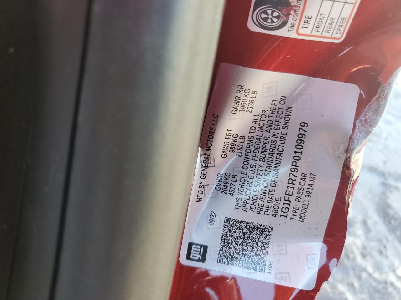 2023 CHEVROLET CAMARO LT1 VIN:1G1FE1R79P0109979