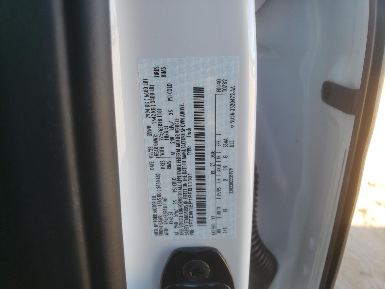 2023 FORD F150 SUPERCREW VIN:1FTEW1EP1PFB11101