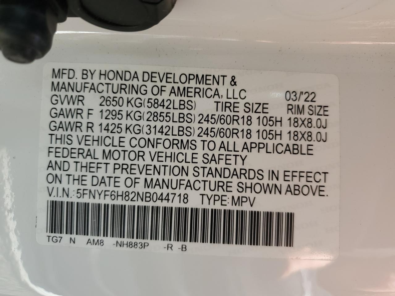 2022 HONDA PILOT TRAILSPORT VIN:5FNYF6H82NB044718
