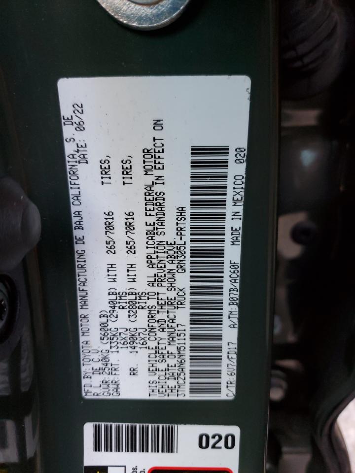 2022 TOYOTA TACOMA DOUBLE CAB VIN:3TMCZ5AN6NM511517