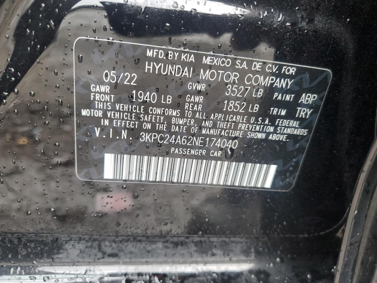 2022 HYUNDAI ACCENT SE VIN:3KPC24A62NE174040
