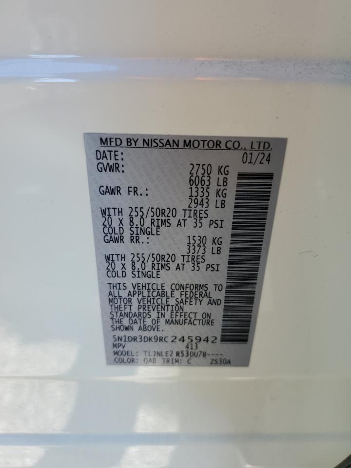 2024 NISSAN PATHFINDER PLATINUM VIN:5N1DR3DK9RC245942