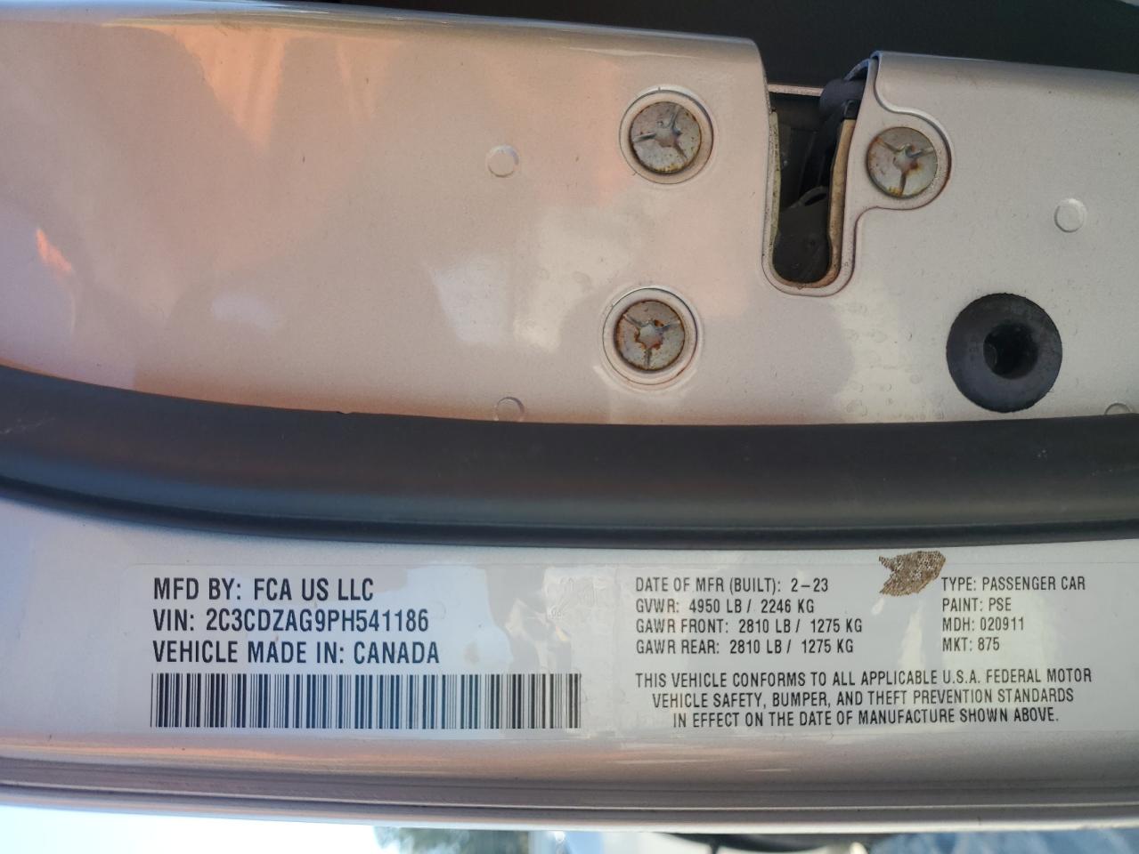 2023 DODGE CHALLENGER SXT VIN:2C3CDZAG9PH541186