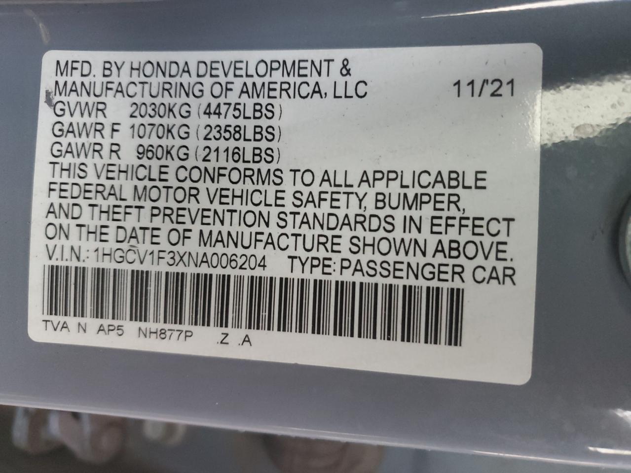 2022 HONDA ACCORD SPORT VIN:1HGCV1F3XNA006204