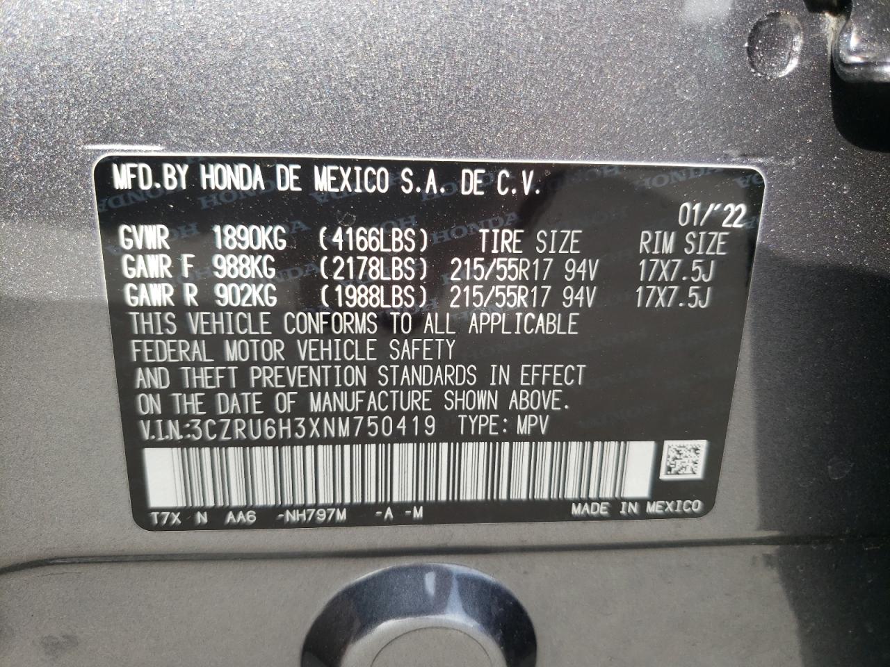 2022 HONDA HR-V LX VIN:3CZRU6H3XNM750419