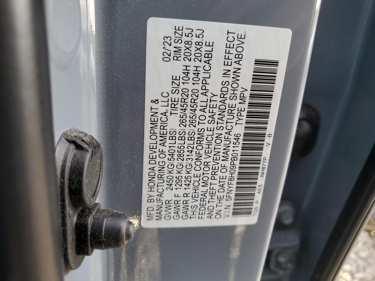2023 HONDA PASSPORT ELITE VIN:5FNYF8H09PB011546