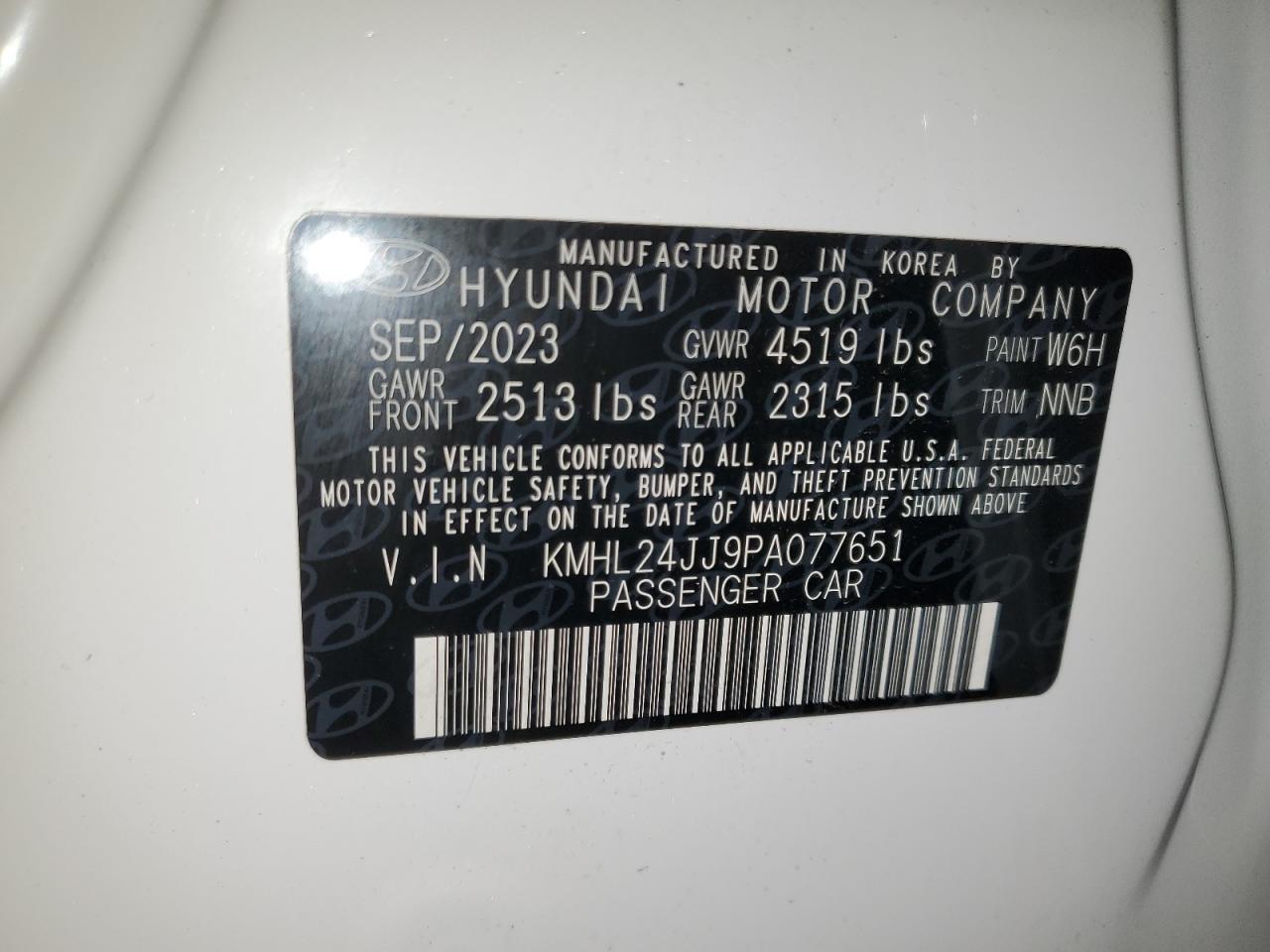 2023 HYUNDAI SONATA HYBRID VIN:KMHL24JJ9PA077651