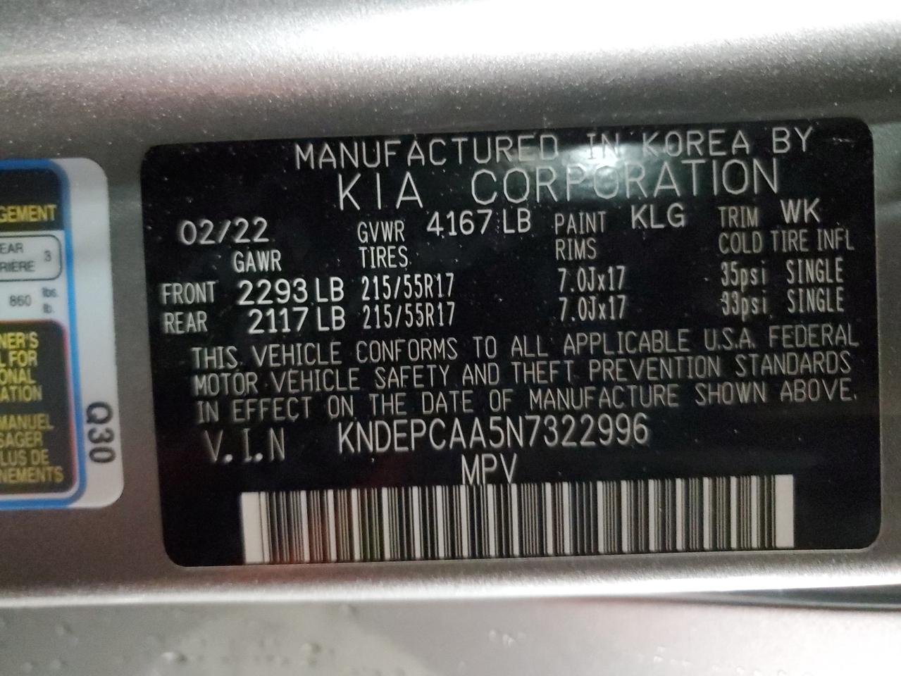 2022 KIA SELTOS LX VIN:KNDEPCAA5N7322996