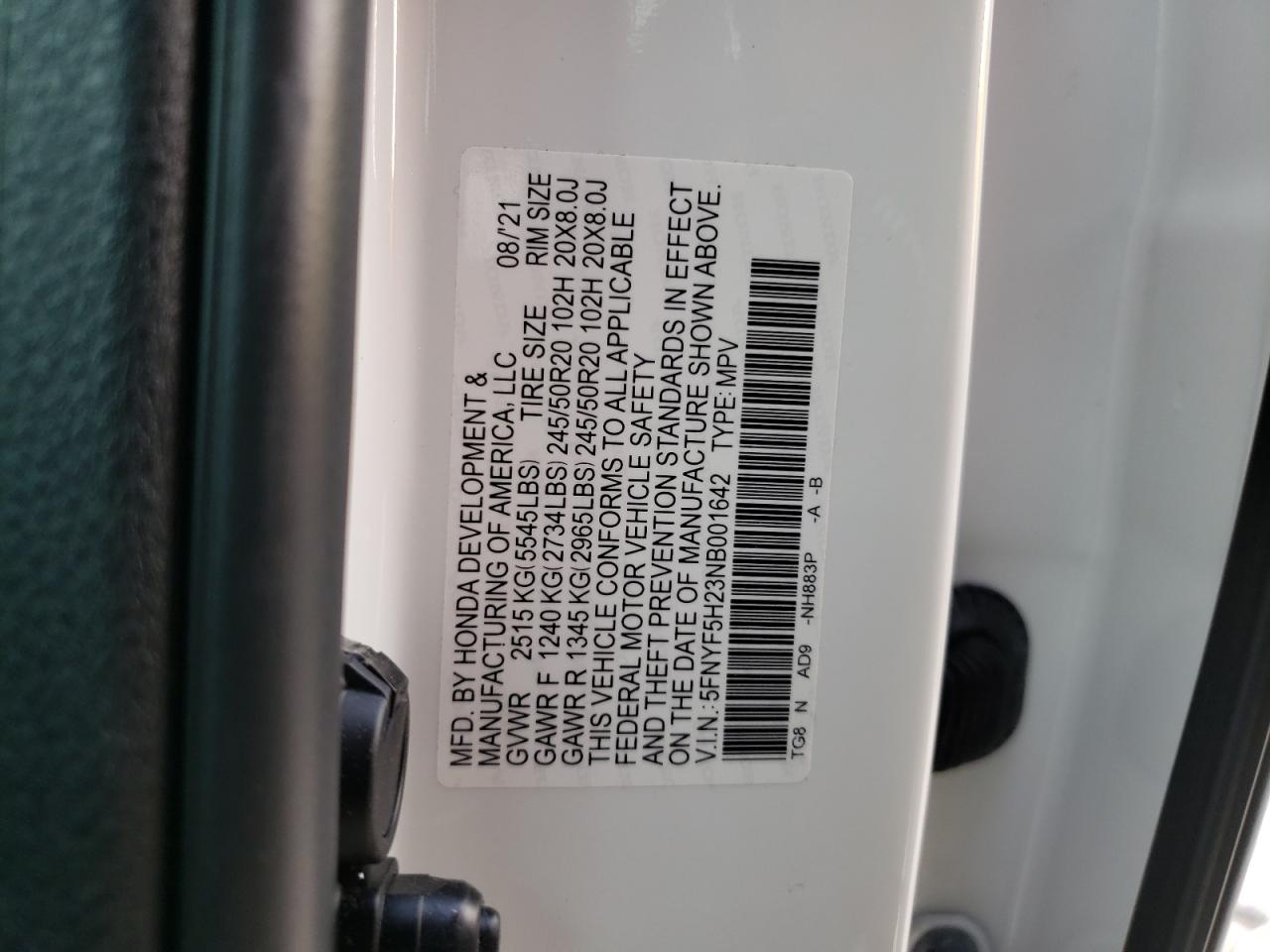 2022 HONDA PILOT SE VIN:5FNYF5H23NB001642