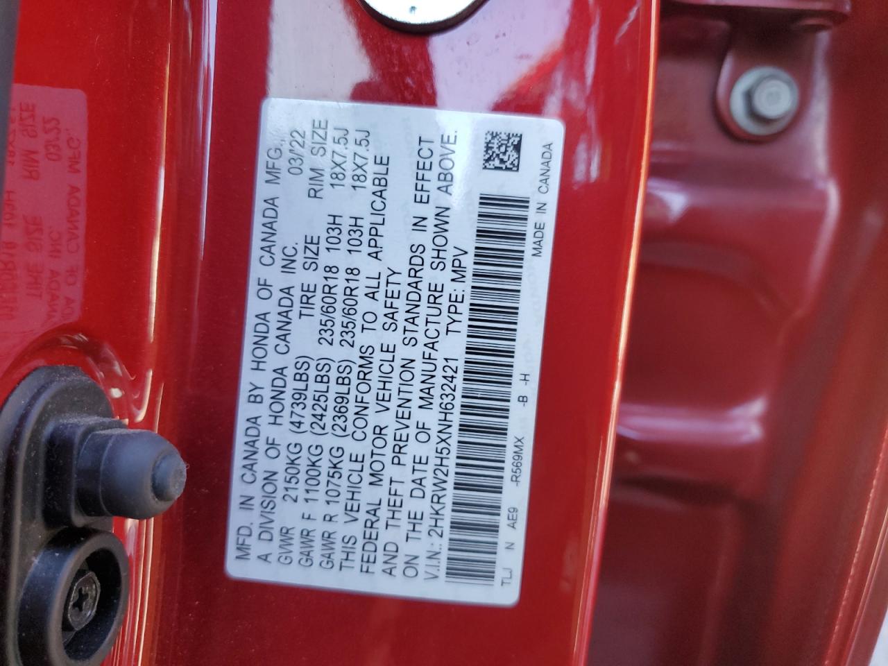 2022 HONDA CR-V EX VIN:2HKRW2H5XNH632421